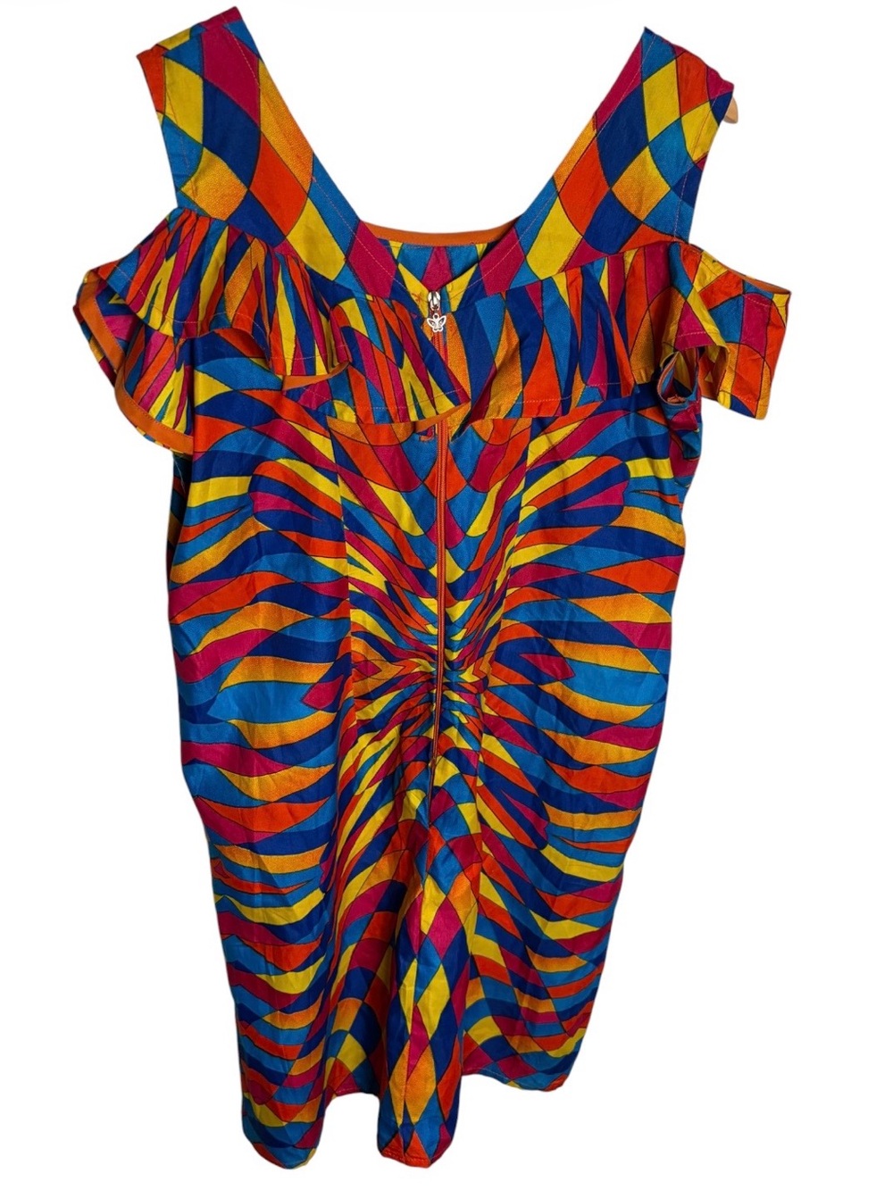 Handmade bright optical illusion cold shoulder mini dress fits like size L